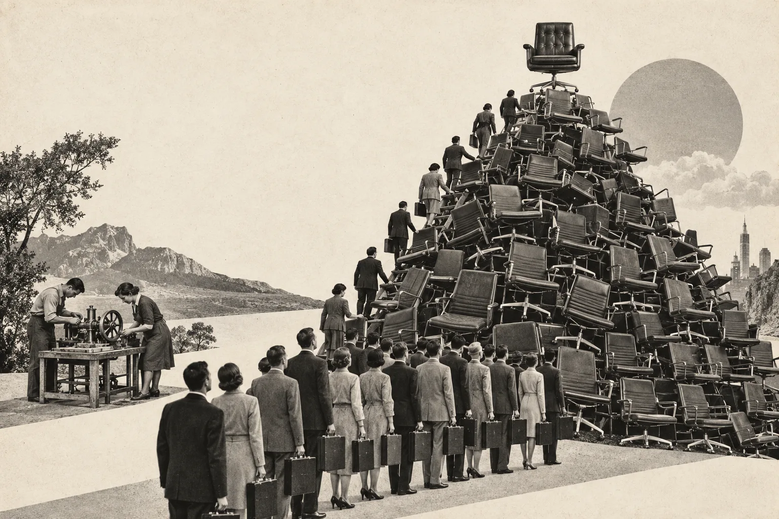 Professionals climb a pyramid of office chairs toward one executive seat while two makers work together nearby.