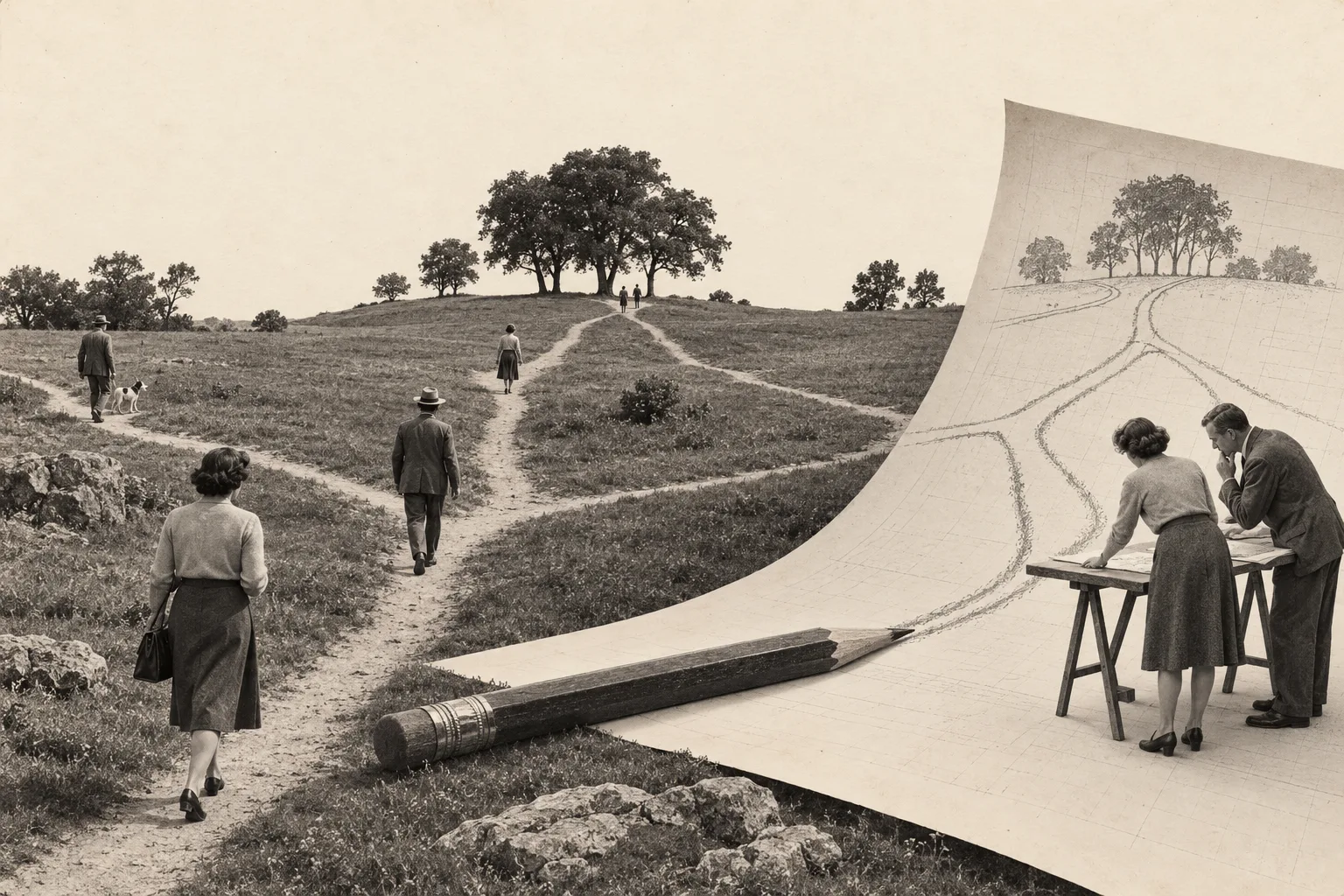 A retro photographic collage of people following worn paths across a grassy commons. The landscape curls upward into a huge sheet of drafting paper whose lines follow those paths. Two colleagues study the plan beside an oversized pencil.
