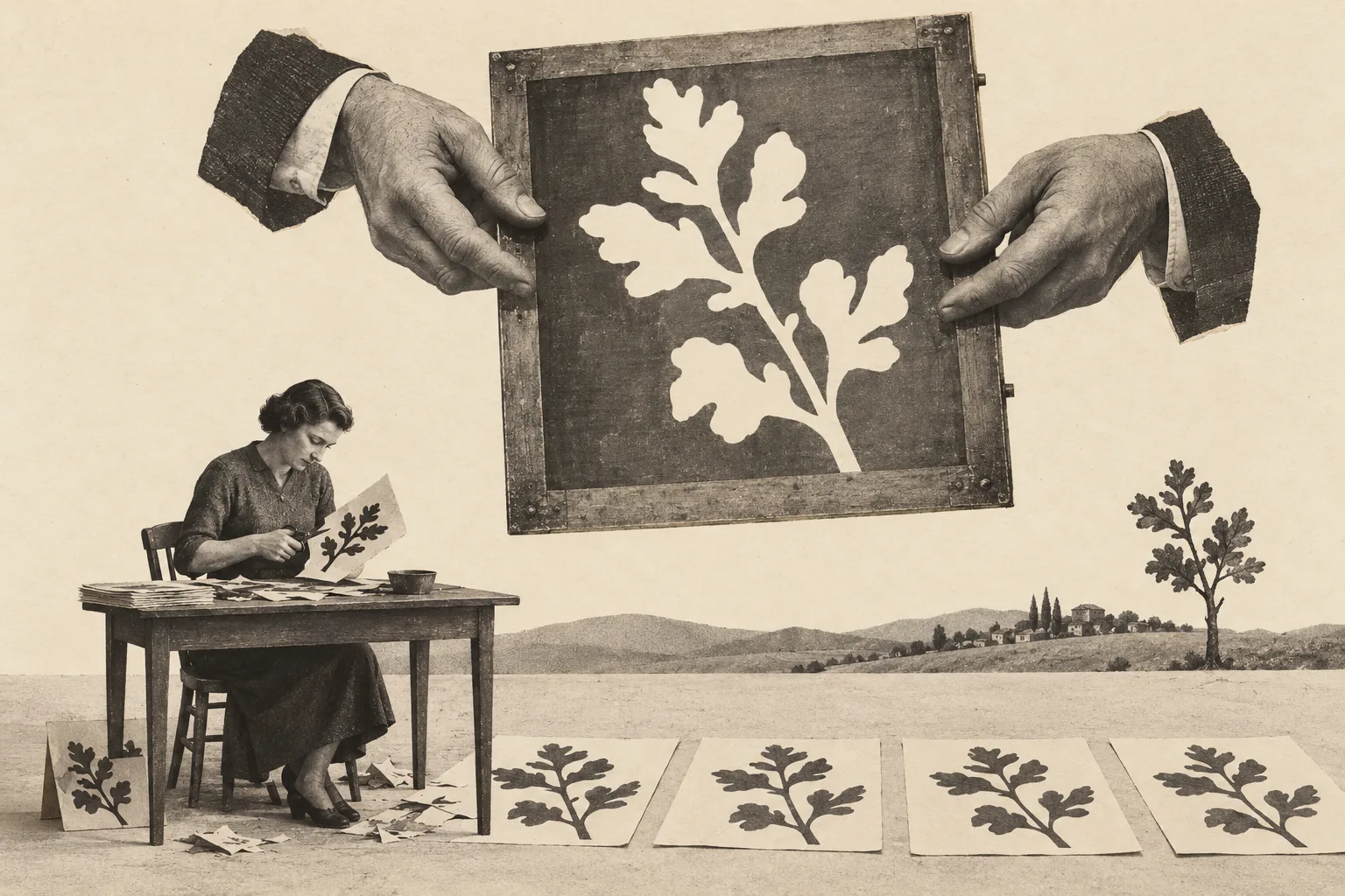 A retro photographic collage of a printmaker cutting a botanical silhouette at a small table. Two enormous hands suspend a matching stencil overhead, and repeated impressions lie across the ground beside a tree that echoes the pattern.