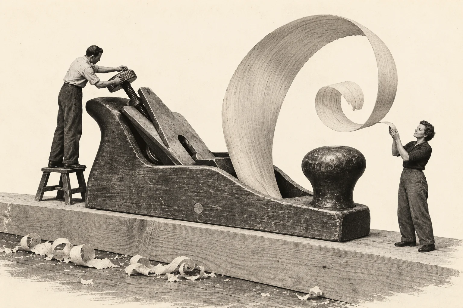 A retro photographic collage of two workshop colleagues around an enormous wooden carpenter’s plane. One adjusts its depth-setting screw while the other examines a thin wood shaving that curls high into the paper sky.