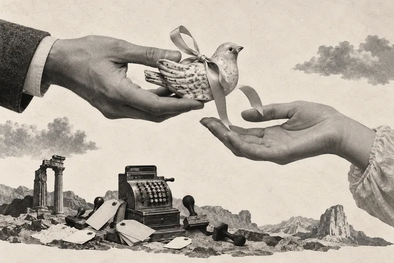 Two hands pass a handmade ceramic bird above an abandoned cash register, rubber stamps and price tags.
