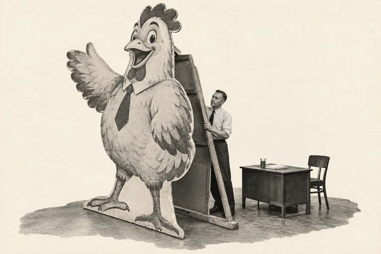 An office worker holds up an enormous smiling chicken cutout beside an unattended desk, with the mascot's wooden supports exposed.
