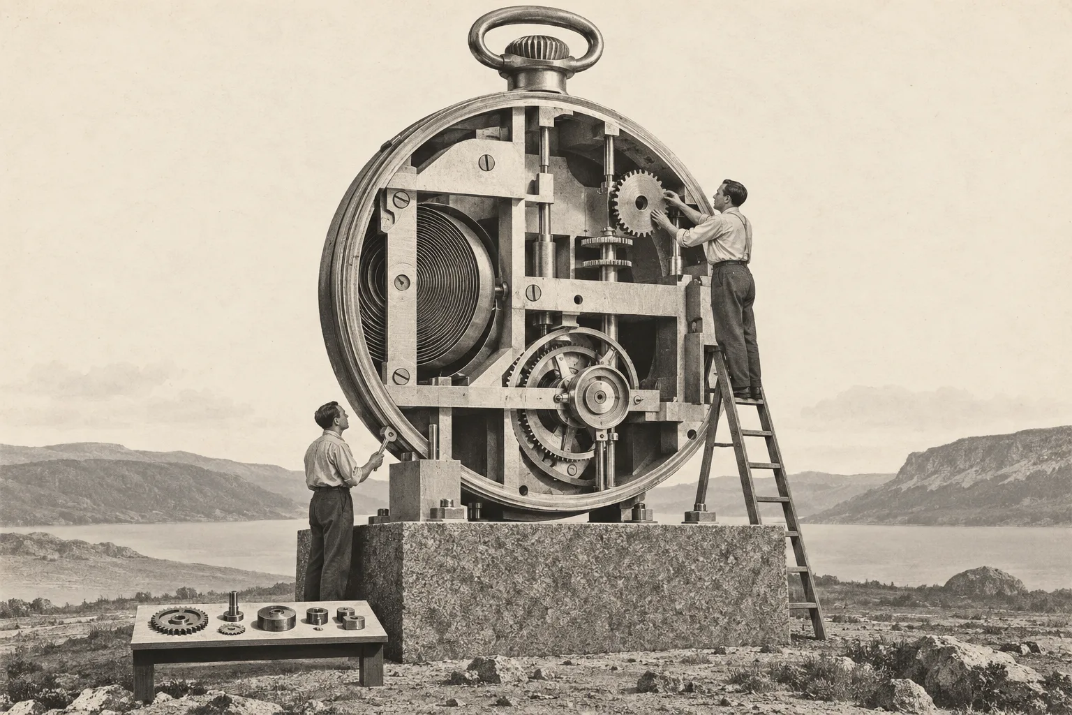 A retro photographic collage of an enormous open pocket watch on a stone plinth. One engineer fits a replaceable gear from a ladder while another inspects the exposed mechanism. Matching spare parts sit on a small table.