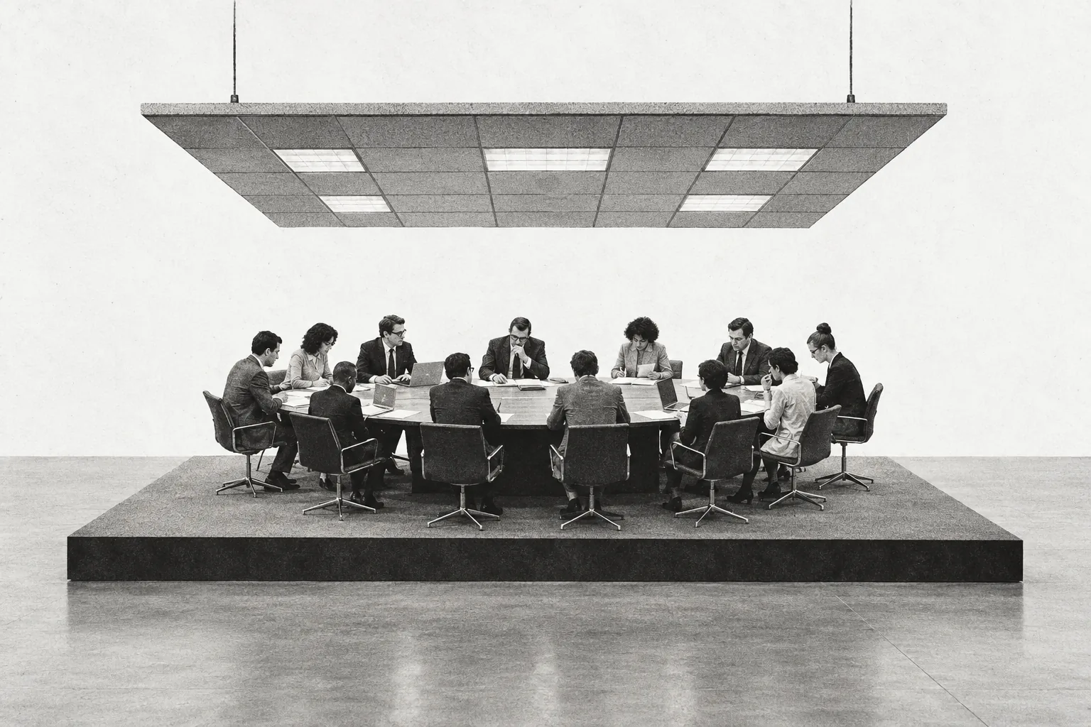 An office meeting staged as a theatrical performance.