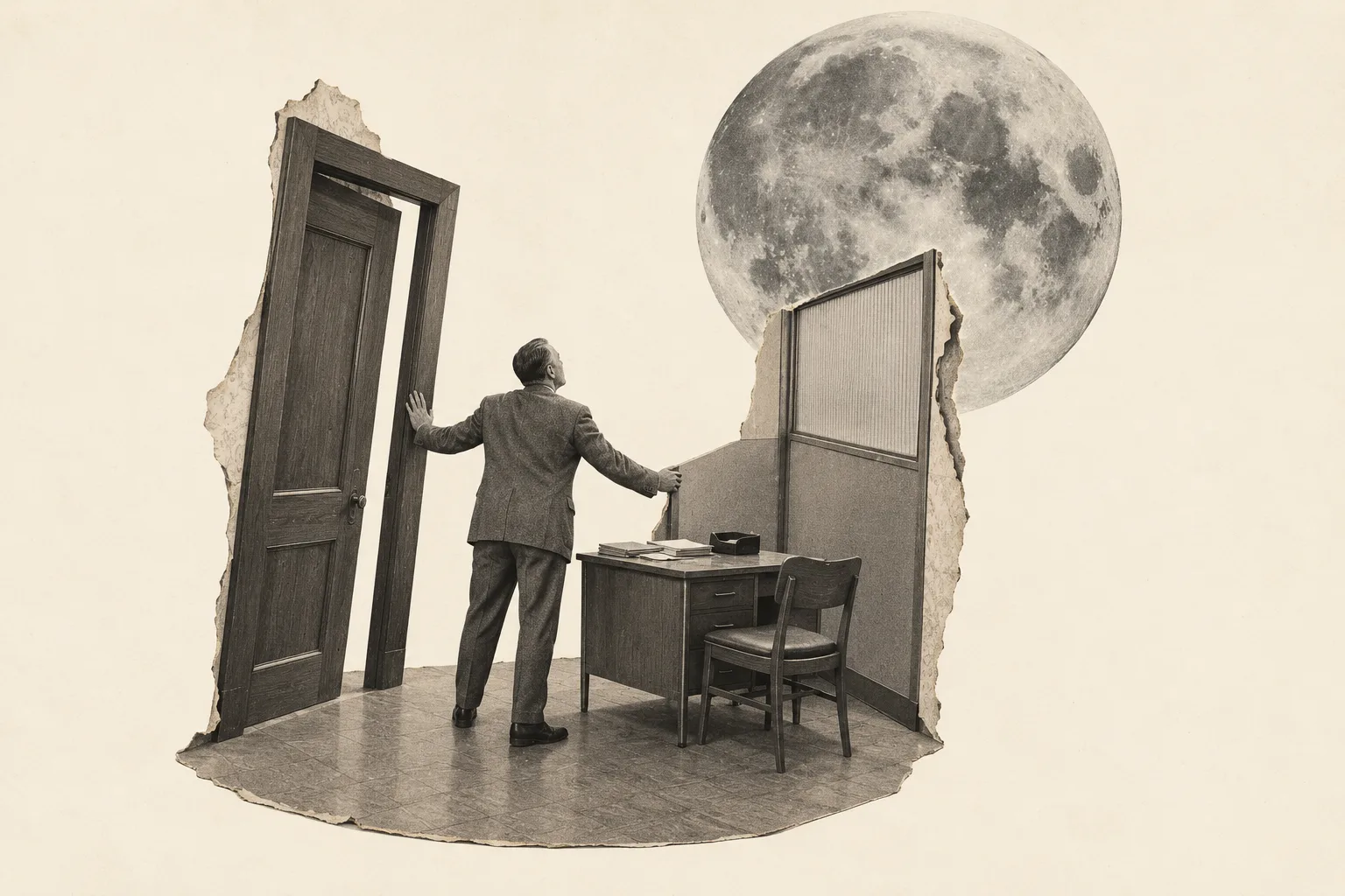 A monochrome paper collage of a suited man holding a detached doorframe and office partition. A desk and chair stand on a small patch of floor beneath an enormous moon.