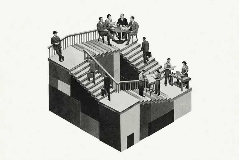 Managers at a meeting table and workers at drafting boards and workbenches, on the landings of one endless staircase.