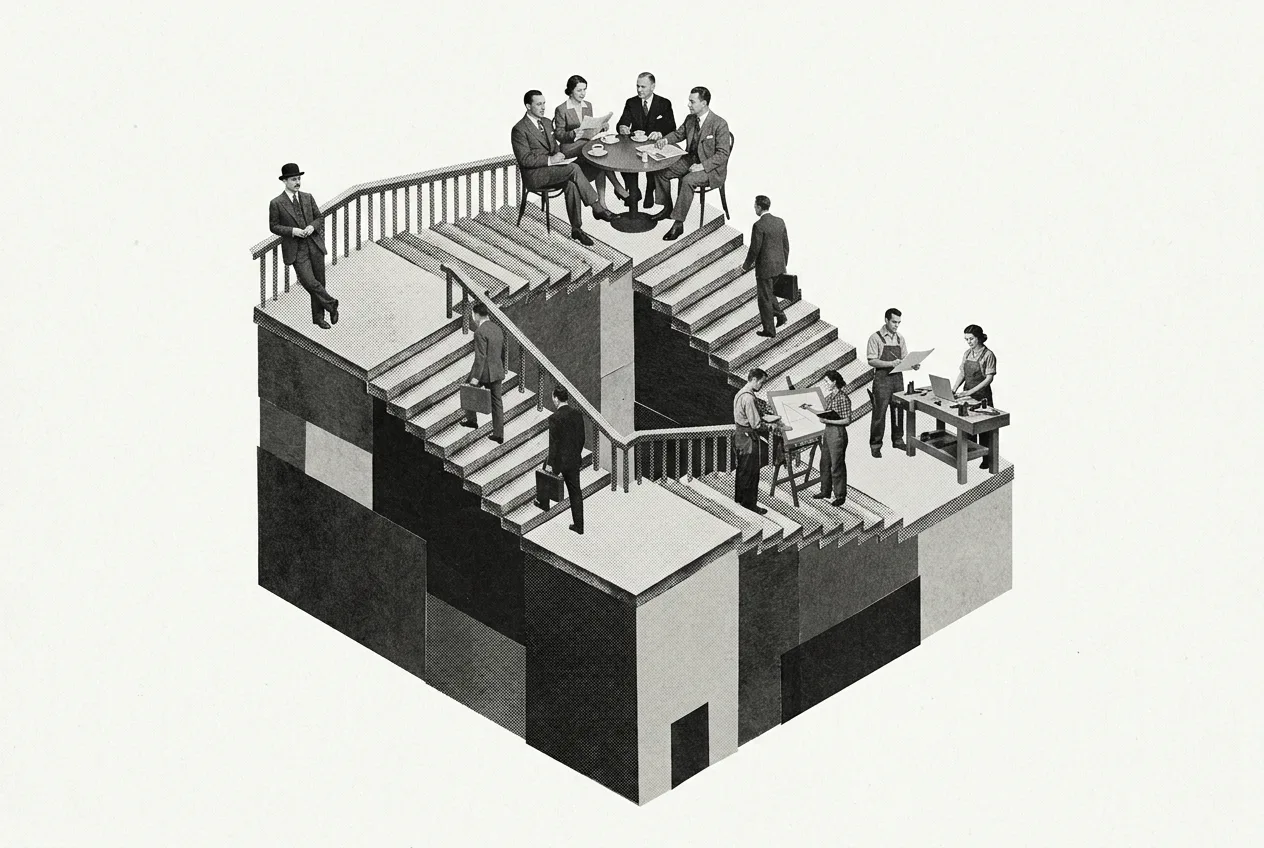 Managers at a meeting table and workers at drafting boards and workbenches, on the landings of one endless staircase.