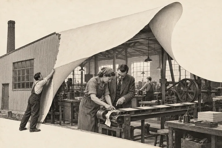 A workshop wall peels back like paper as colleagues examine a snag in the machinery together.