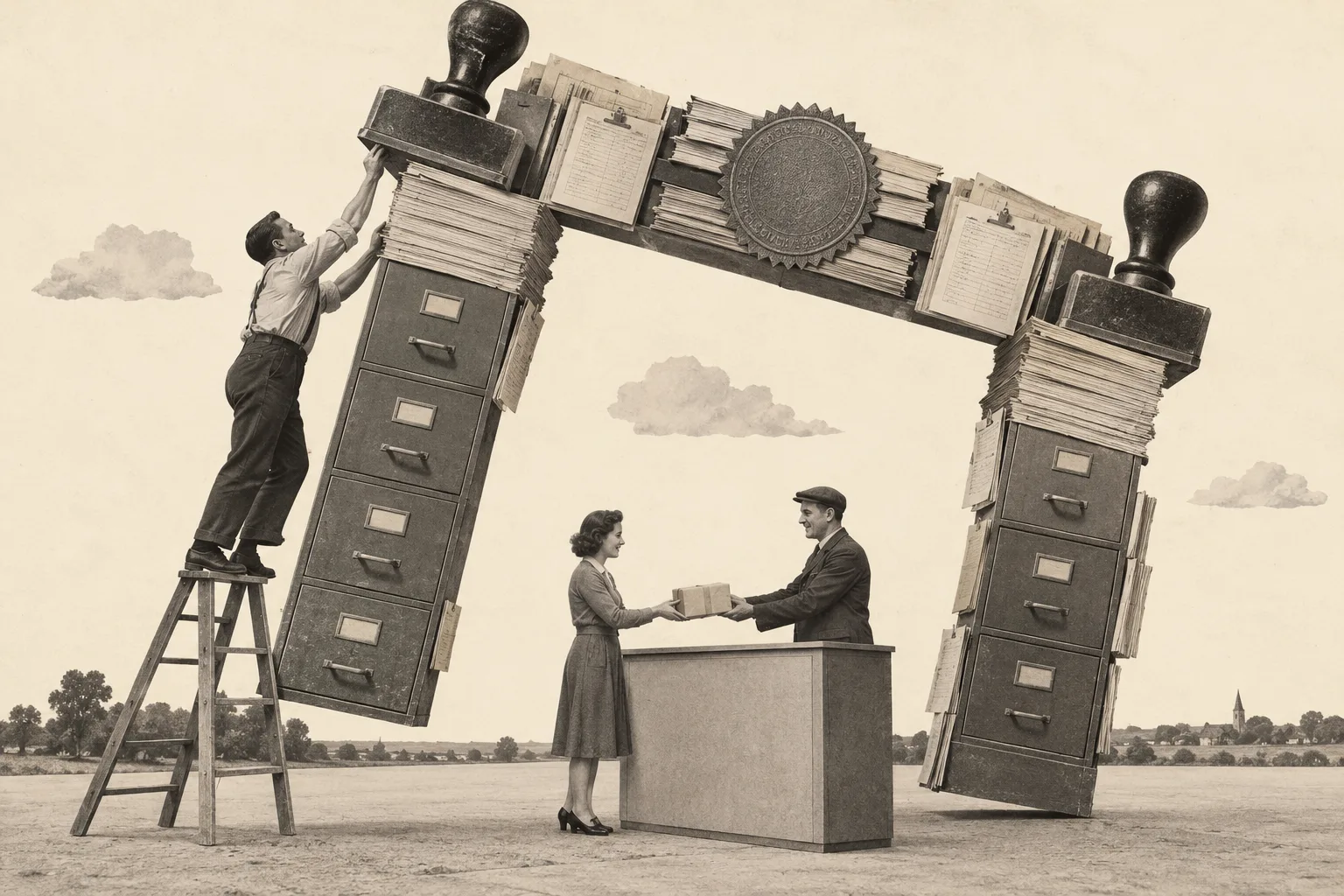 A retro photographic collage on cream paper. A worker on a stepladder lifts away an enormous doorway built from filing cabinets, forms and rubber stamps while two people pass a small parcel across a counter beneath it.