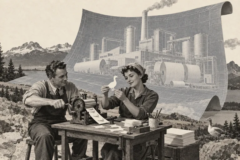 Two makers test a small machine that cuts paper geese, with a vast unbuilt factory curling out of a blueprint behind them.