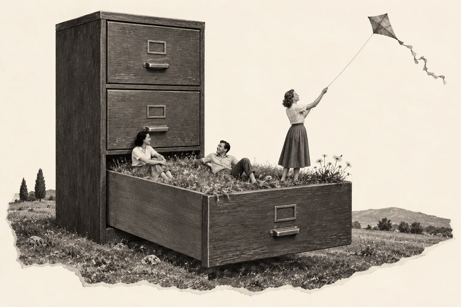 A giant filing-cabinet drawer opens into a meadow where one person flies a kite and two others sit talking.