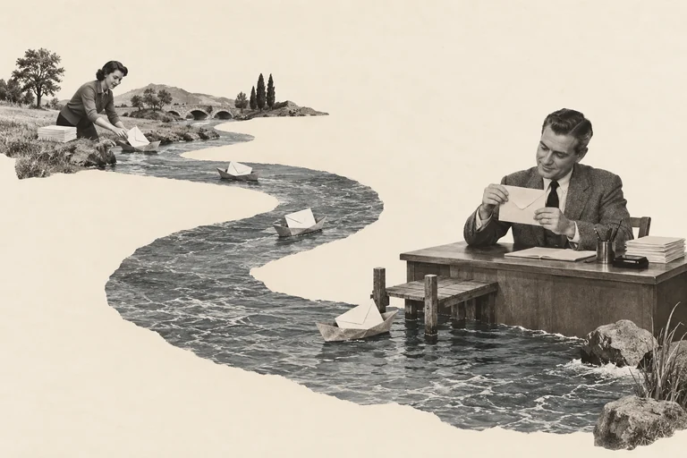 Paper boats carry envelopes along a winding river from one colleague to another, who reads at a desk beside a tiny landing stage.