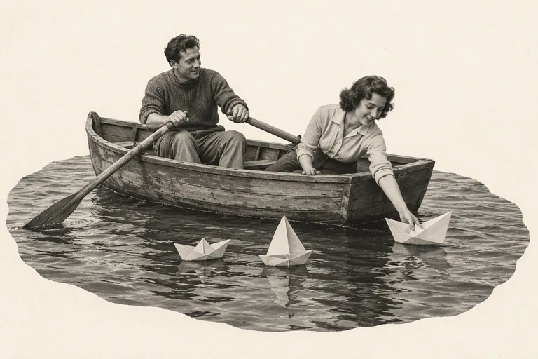 One person rows a wooden boat while a colleague tests small folded paper boats on the water beside it.
