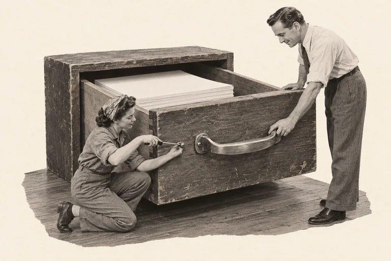 A craftswoman attaches a large metal handle to an enormous wooden drawer while a colleague tries opening it.