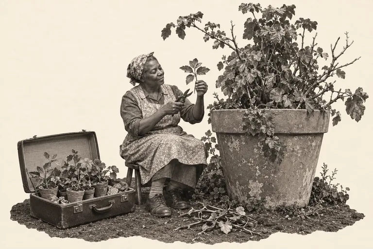 A gardener selects a cutting from a giant potted plant beside an open suitcase filled with small plants.