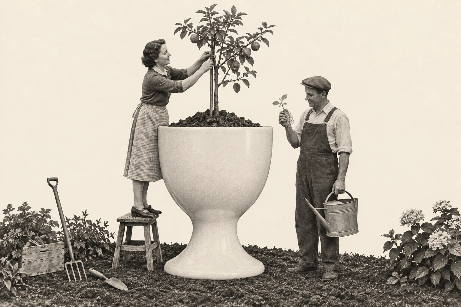 Two gardeners tend a young fruit tree growing in a giant porcelain eggcup, with a small rooted cutting ready nearby.