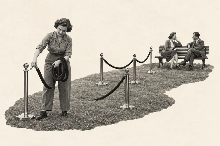A woman unhooks an elaborate rope queue that stands between an open lawn and a bench where two people are talking.