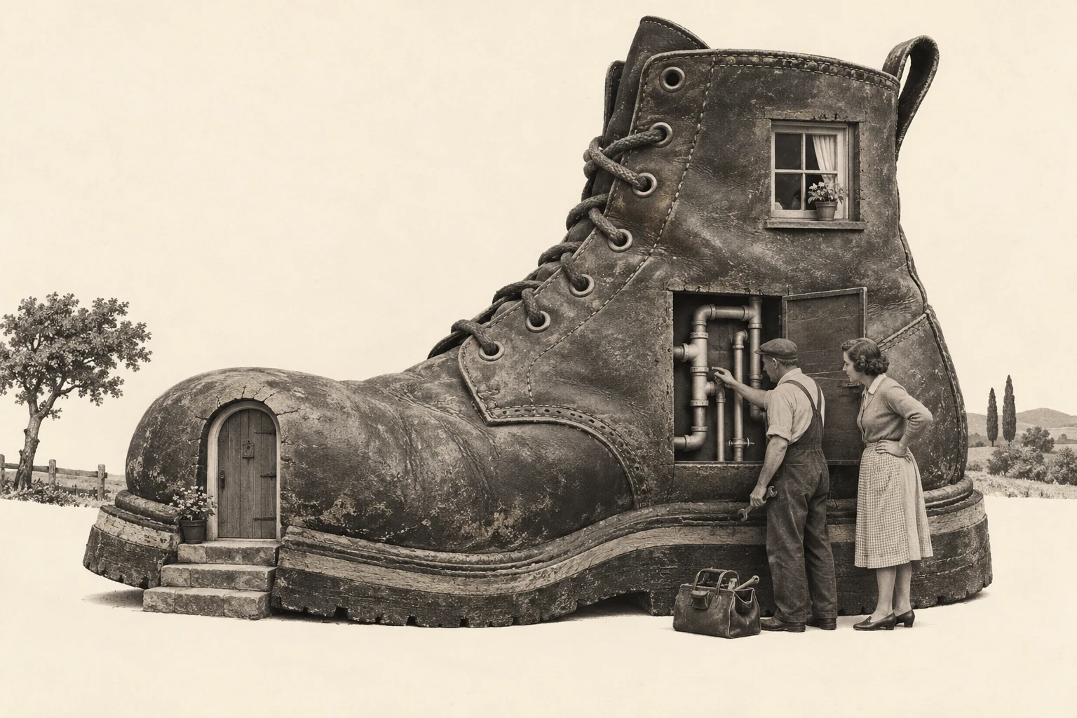 A giant leather boot serves as a house, with a resident and repairer inspecting plumbing through an open side panel.