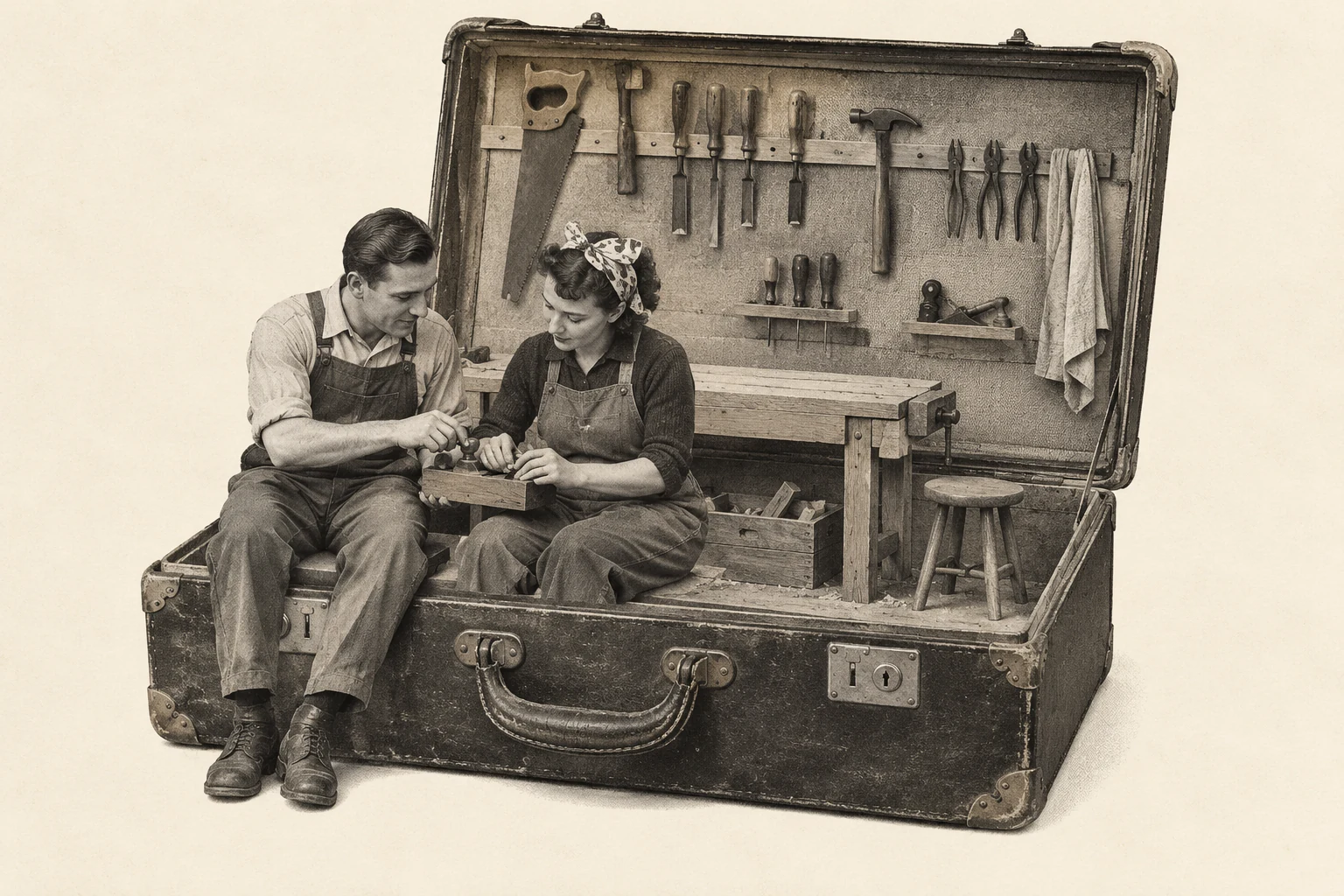 Two colleagues adjust a hand plane together inside an open suitcase containing a small carpenter's workshop.
