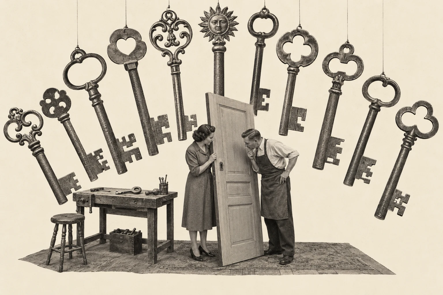 A woman and a locksmith examine an ordinary door beneath a fan of enormous ornate keys.
