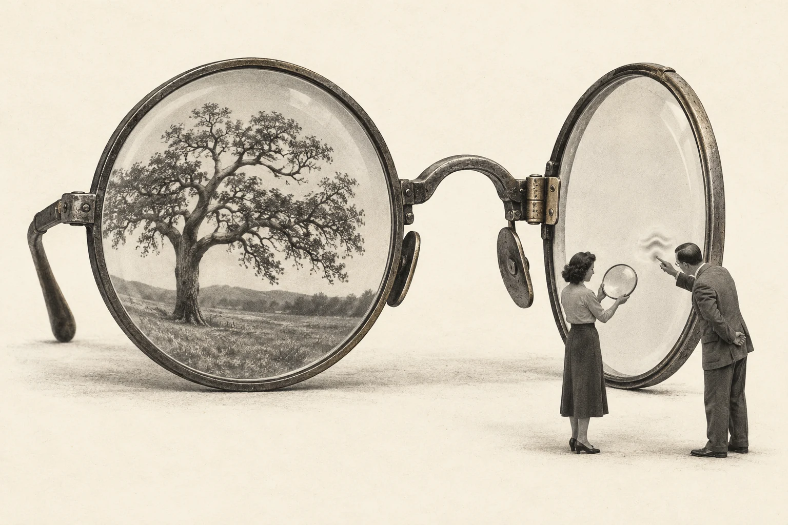 Two opticians examine the hinged lens of an enormous pair of spectacles, while a tree appears through the other lens.