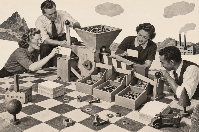 Colleagues adjust a toy factory on a large checkerboard.
