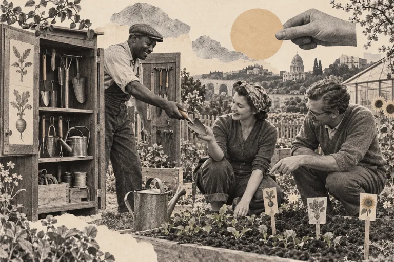 A tool cabinet opens into a garden where colleagues teach one another.
