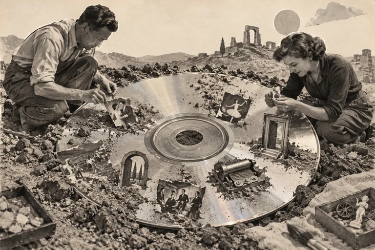 Two conservators uncover photographs and tiny doorways on an oversized compact disc.