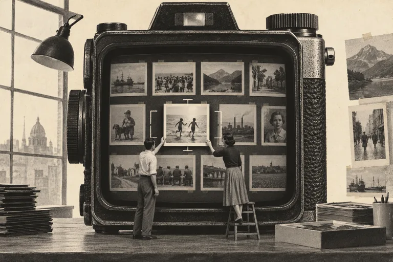 Two people bring one photograph into focus through an oversized camera viewfinder.