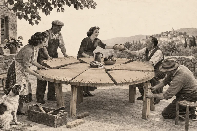 Neighbours make a shared table from rearranged pieces of an oversized wooden ruler.