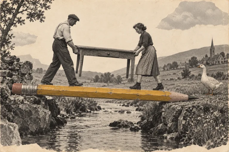Two people carry a worktable across a footbridge made from a carpenter pencil.