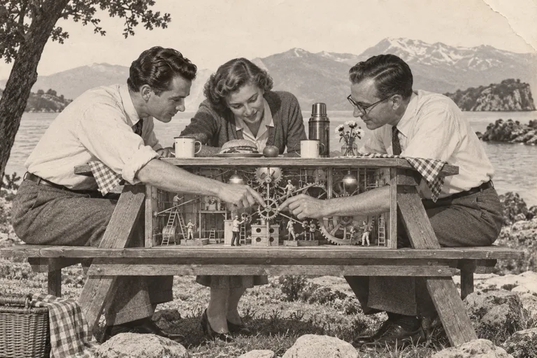 Three colleagues inspect and adjust a small working mechanism beneath a picnic table.