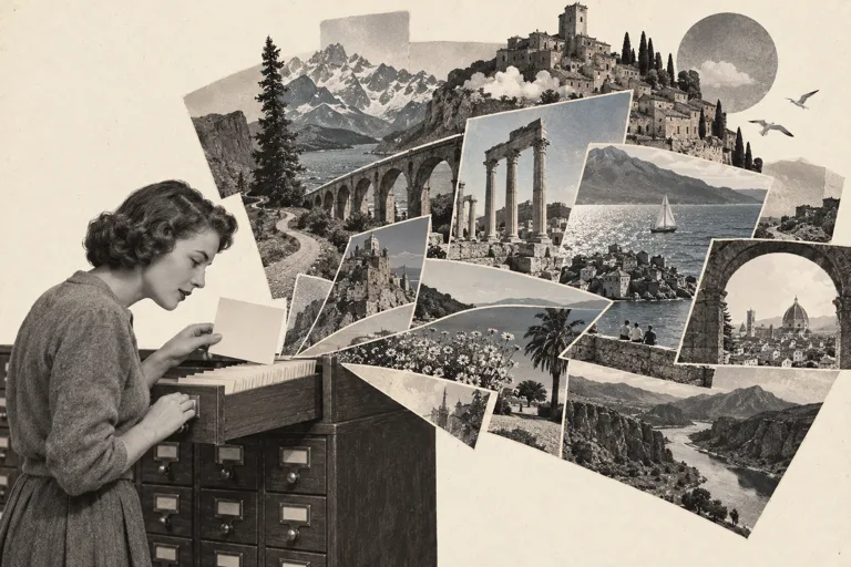 Photographic landscapes unfold from a library card drawer around a curious reader.