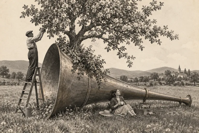 A tree grows from a giant speaking trumpet and shades a person with a toolbox.