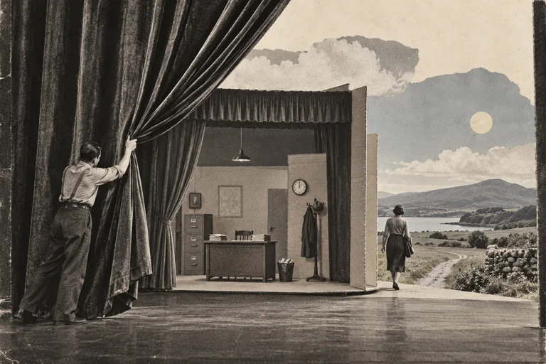 A stage curtain reveals a cardboard office while a person walks beyond it into open space.