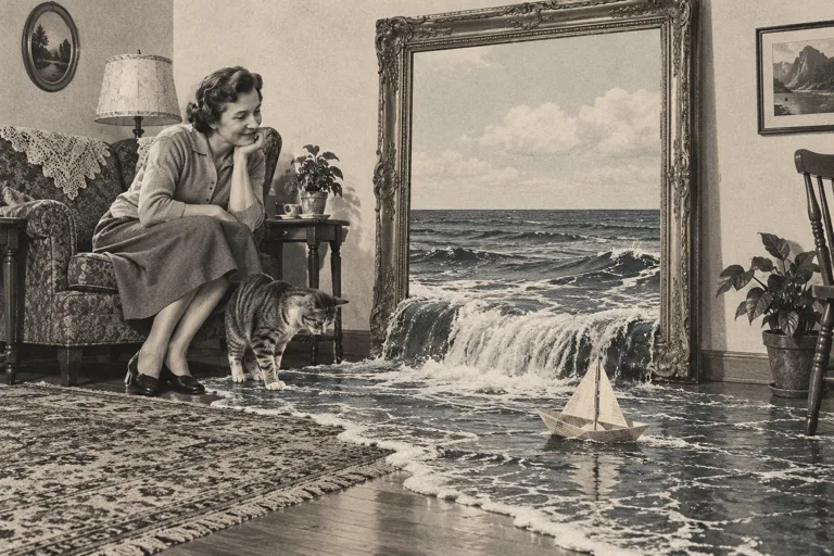 A small ocean and paper boat spill through a picture frame into a living room.