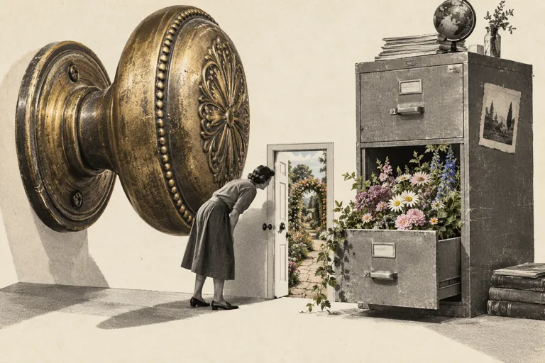A small door beside an enormous doorknob opens onto a garden inside a filing cabinet.