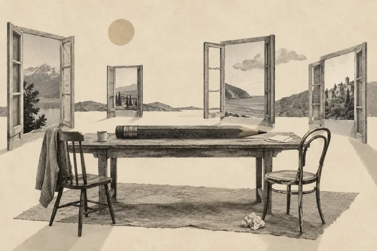 Two different chairs share a worktable with an oversized pencil and open windows.