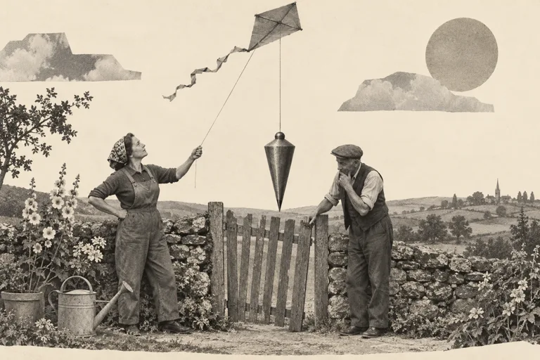 Two people examine a garden gate using a plumb bob suspended from a kite.