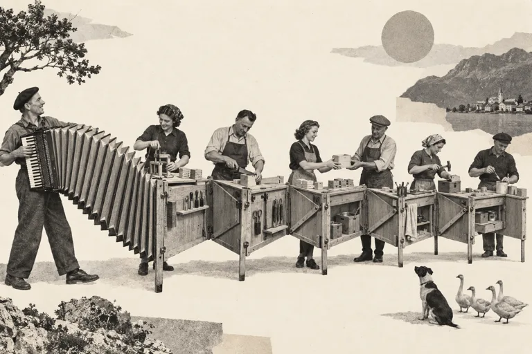 An accordion unfolds into connected workbenches where people share useful pieces.